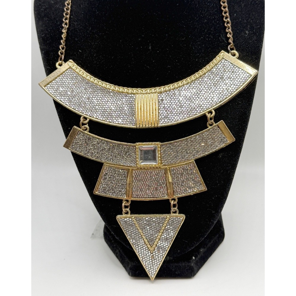 Gold Tone Geometric Statement Necklace Pavé Panels Triangle Pendant 18"‎